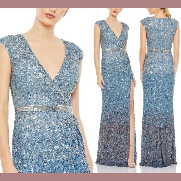 NWT‎ $398 Mac Duggal [ 8 ] Cap Sleeve Sequined High Slit Gown Blue Ombre #G1866 - Picture 1 of 16
